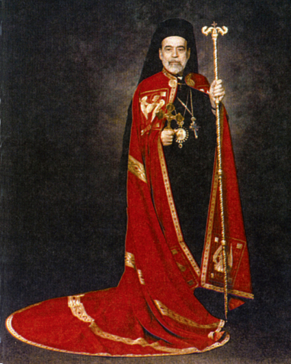 A Byzantine bishop standing in a red robe, with a staff and blessing cross in either hand.